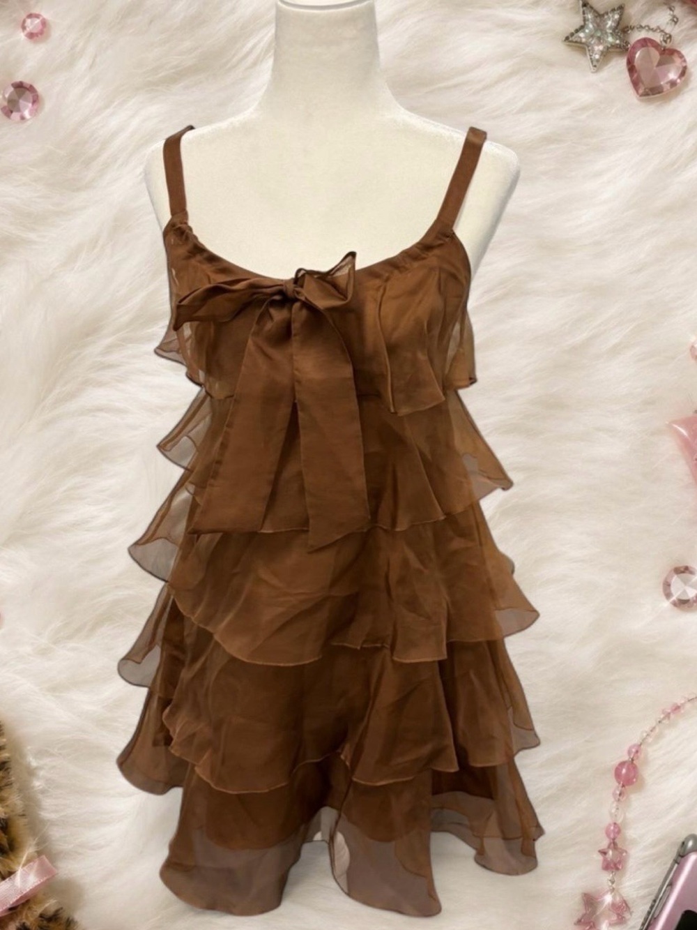 Brown Ruffle Tiered Girls' Dress with Bow